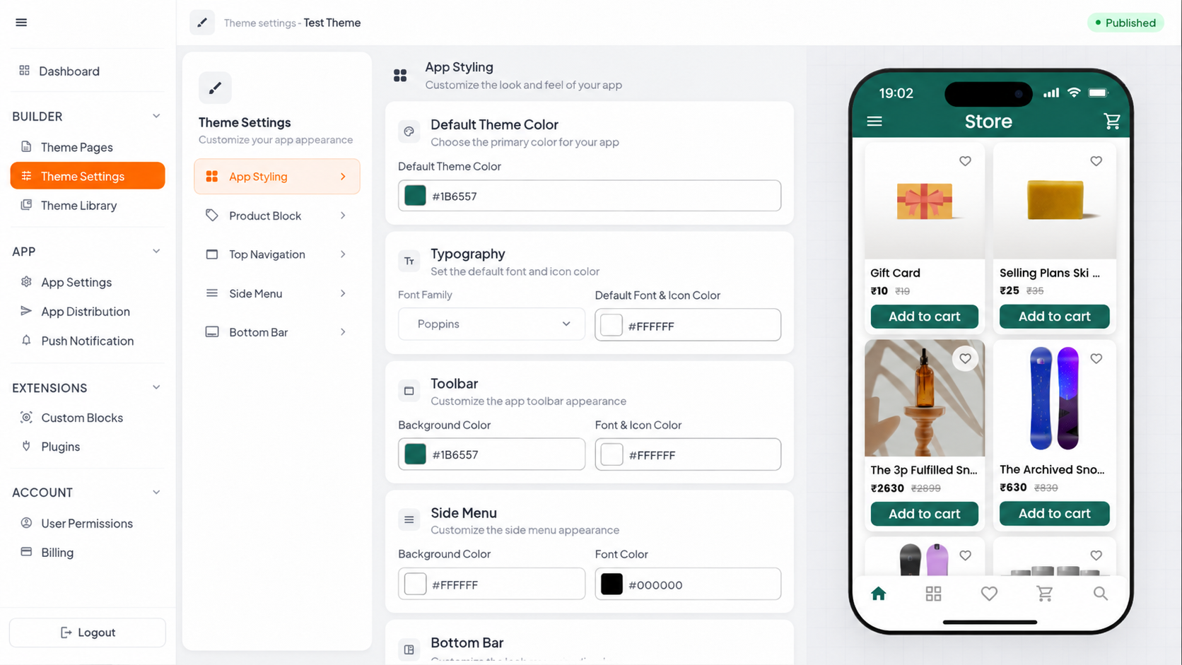 App styling settings for theme colors, typography and toolbar matched to a Shopify store's branding