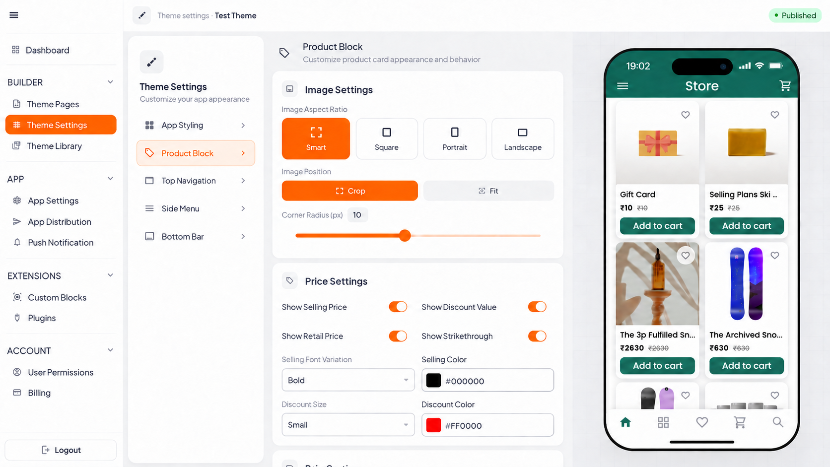 Product block and price settings controlling image aspect ratio, strikethrough pricing and discount styling