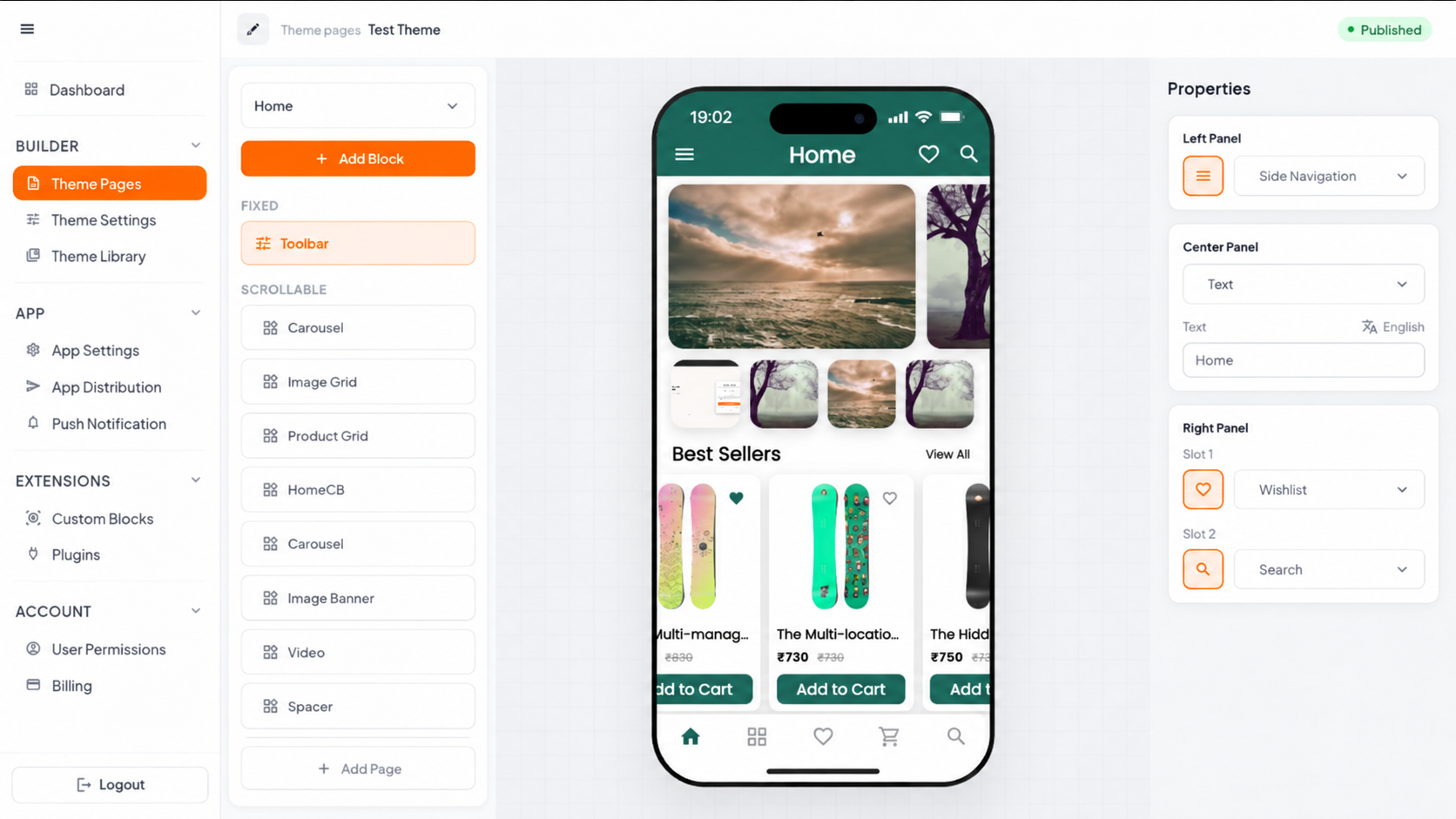 Mobile app builder showing a Shopify mobile app home screen with drag-and-drop blocks